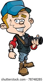 Cartoon photo journalist with a camera. Isolated on white