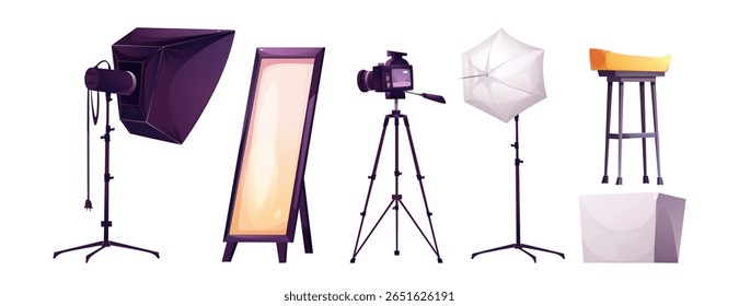 Cartoon photo studio equipment - softbox light on stand, floor mirror, camera on tripod, white umbrella reflector, stool and pedestal. Professional photography gear collection for creative workspace