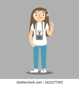 Cartoon photographer with camera hanging around the neck. Vector woman with photocamera.