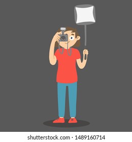 Cartoon photographer with softbox and photo camera. Vector hand drawn character taking photo with light box.