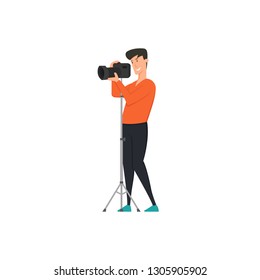 cartoon photographer takes pictures on camera. Vector illustration isolated on a white background.