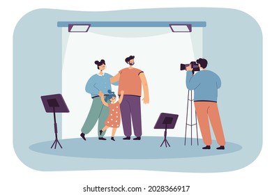 Cartoon photographer taking photo of parents and kid in studio. Flat vector illustration. Mom, dad and daughter posing in front of camera, making portraits for memory. Family, photography concept