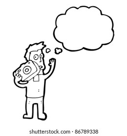 cartoon photographer with thought bubble