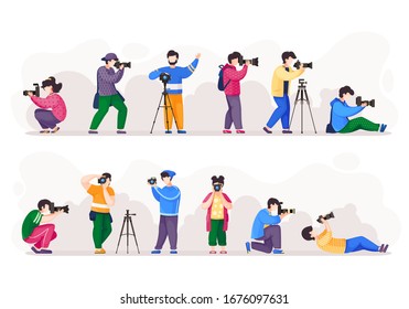 Cartoon-Fotografen, die Fotokamera und Fotografie halten. Gruppe von Menschen fotografieren mit Kamera. Beruf des Amateurfotografen und des Profi-Fotografen