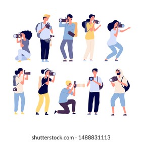 Cartoon photographers. People photograph with camera. Amateur and professional photography occupation. Isolated vector characters set