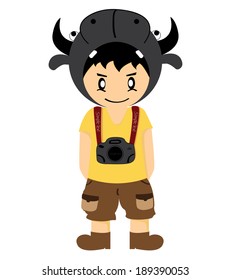 Cartoon photographers wear hat buffalo
