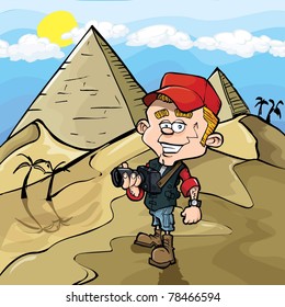 Cartoon photojournalist in Egypt. Pyramids behind him
