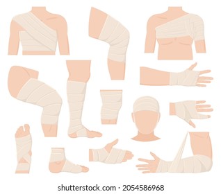 Cartoon physical injured body parts in bandage applications. Bandaged human body parts, protected wounds, fractures and cuts vector illustration set. Medical bandages. Bandage fracture and gypsum