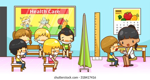 Cartoon physician doctor or pediatrician diagnoses group of kindergarten student children with contagious flu infection disease in school hospital ward, create by vector
