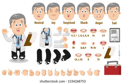 Cartoon physician male constructor for animation. Parts of body: legs, arms, face emotions, hands gestures, lips sync. Full length, front, three quater view. Set of ready to use poses, objects.