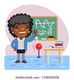 Profesor de física de dibujos animados en el aula con un péndulo frente a la pizarra. Composición con un profesional. Carácter femenino plano.