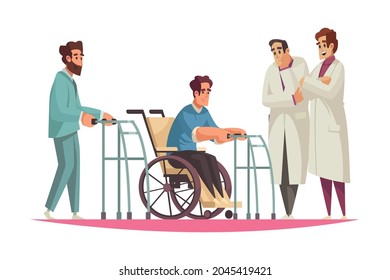 Cartoon physiotherapy composition with patient in wheelchair and physiotherapists vector illustration