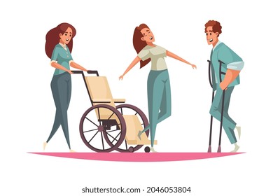 Cartoon physiotherapy composition with people on wheelchair and with crutches vector illustration