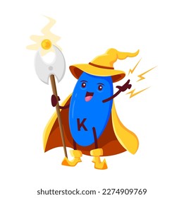 Cartoon phytonadione vitamin micronutrient warlock character. Isolated vector K element warlock food supplement. Nutrient bubble mage with staff and lightning strikes, capsule personage wear witch hat