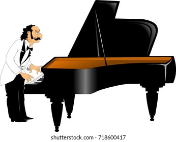 Cartoon pianist with crazy hair while performing, vector 

