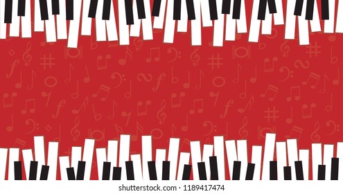 Cartoon piano day, keyboard and keys. Musical symbol icon for staff and music note. Background wave banner. Disco love heart sound notes. Fun vector key line pattern. 