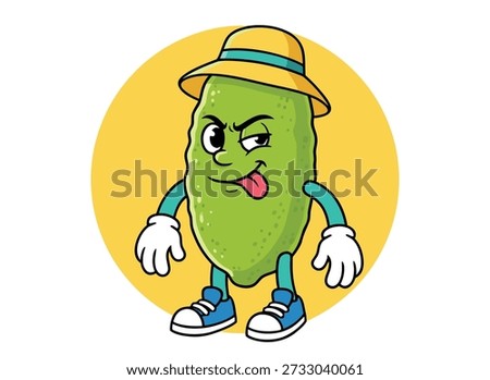 A cartoon pickle character with a face, arms, and legs, wearing a hat and shoes, sticking its tongue out and winking.