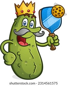 Cartoon pickle king pickle holding a pickleball paddle and ball ready to rule the court and give you a royal beating in a match vector illustration