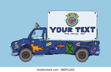 Cartoon pickup with advertising board. Vector illustration. 