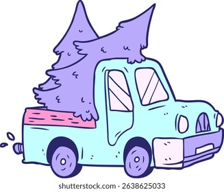 cartoon pickup truck carrying christmas trees in bright neon colors