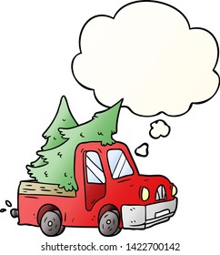 cartoon pickup truck carrying trees with thought bubble in smooth gradient style