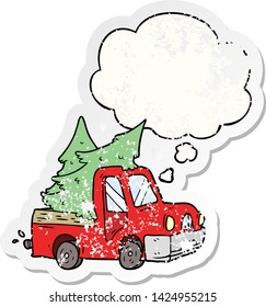 cartoon pickup truck carrying trees with thought bubble as a distressed worn sticker