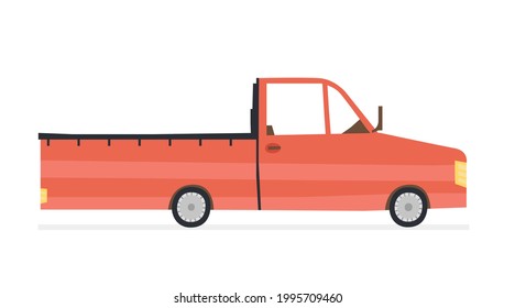Cartoon pickup truck isolated on white background. Flat style modern transportation, trendy wheeled motor vehicle side view vector illustration. Red retro car, old automobile hand drawn design