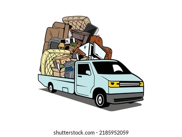 Cartoon pickup truck loaded full of household junk design illustration vector eps format , suitable for your design needs, logo, illustration, animation, etc.