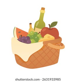 Cartoon Picnic Basket Vector Illustration with Wine Bottle, Fruits, Cheese and Cloth on White Background
