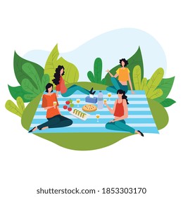 Cartoon picnic concept. Group of cute girl happy on summer recreation activities. Spending time with eating snacks, food, drink in park. having lunch. Flat cartoon vector illustration.