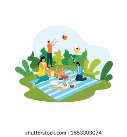 Cartoon picnic concept. A happy family on summer recreation activities. Spending time together at the park with sing, eating snacks, food and drink. Flat cartoon vector illustration.