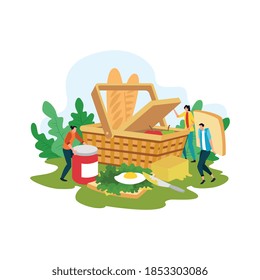 Cartoon picnic concept. Happy people on summer recreation activities. Having lunch, basket with food. Flat cartoon vector illustration.