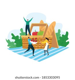 Cartoon picnic concept. Happy people on summer recreation activities. Having lunch, basket with food and fruity. Flat cartoon vector illustration.