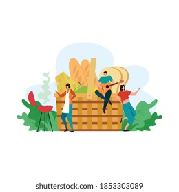 Cartoon picnic. Happy people on summer recreation activities. Having lunch, basket with food and singing. Flat cartoon vector illustration.