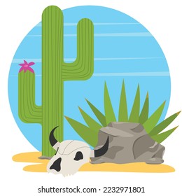 Cartoon picture about desert. Picture in circle. Cactus, aloe, stone, skull of bull. Vector illustration.