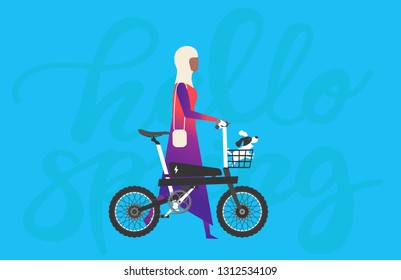 Cartoon picture with arabian woman riding fast modern electric bicycle. Enjoying futuristic bike ride and he's walking the dog in bike basket. Flat style vector illustration. Blue Background.