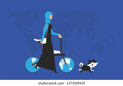 Cartoon picture with arabian woman riding fast modern electric bicycle with wotld maps, globe. Enjoying futuristic bike ride and he's walking the dog. Flat style vector illustration. Blue Background.