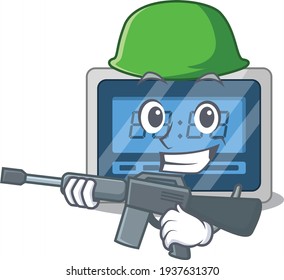 A cartoon picture of Army digital timer holding machine gun