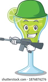 A Cartoon Picture Of Army Margarita Cocktail Holding Machine Gun