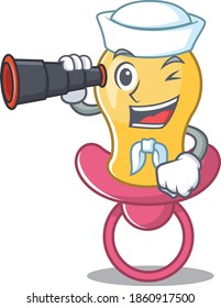 A cartoon picture of baby pacifier Sailor using binocular
