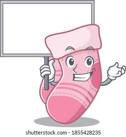 Cartoon picture of baby socks mascot design style carries a board