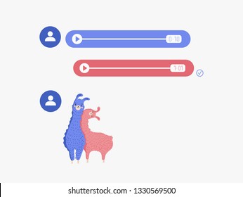 Cartoon picture with best colorful characters (happy llama family) and icons for text, audio, video messaging apps 