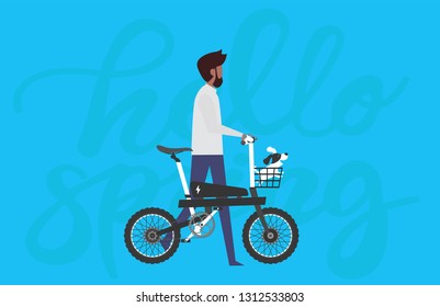 Cartoon Picture With Black Man Riding Fast Modern Electric Bicycle. Enjoying Futuristic Bike Ride And He's Walking The Dog In Bike Basket. Flat Style Vector Illustration. Blue Background.