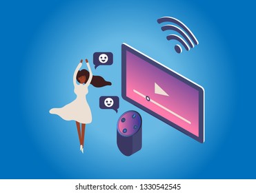 Cartoon picture of black woman  character likes Smart speaker, Voice assistant, home automation hub concept in 3D, isometric style. Vector illustration. EPS 10.
