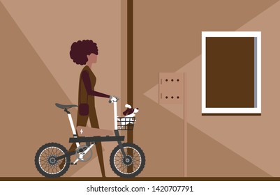 Cartoon picture with black woman riding fast modern electric bicycle and walking the dog. Enjoying futuristic bike, electric scooter, electric bike, bicycle. Flat style vector illustration.