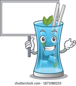 Cartoon picture of blue hawai cocktail mascot design style carries a board