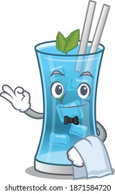 A cartoon picture of blue hawai cocktail waiter with a white napkin