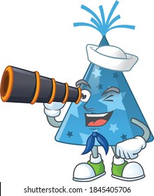 cartoon picture of blue party hat in Sailor character using a binocular. Vector illustration