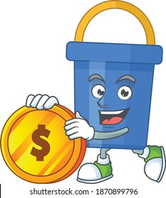 cartoon picture of blue sand bucket rich character with a big gold coin. Vector illustration