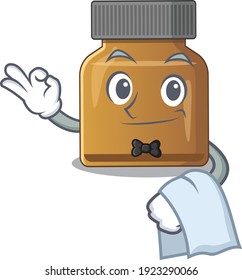 A cartoon picture of bottle vitamin b waiter with a white napkin